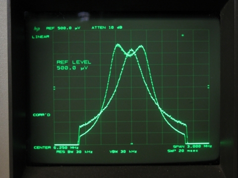 Spectrum analyzer view of 6.5Mc I.F. swamped-narrow and normal-broad with dip