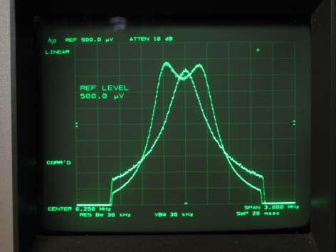 Spectrum analyzer photo of the swamped (narrow) and un swamped (broad) resultant band pass wave forms.